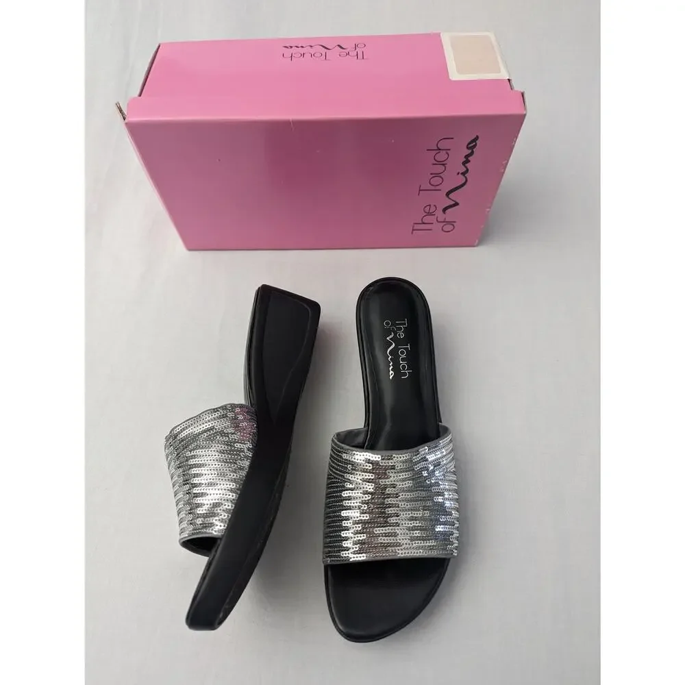Nina Platform Sandals Size 8 Sequin Silver Metallic Y2K Chunky Sole Party Date